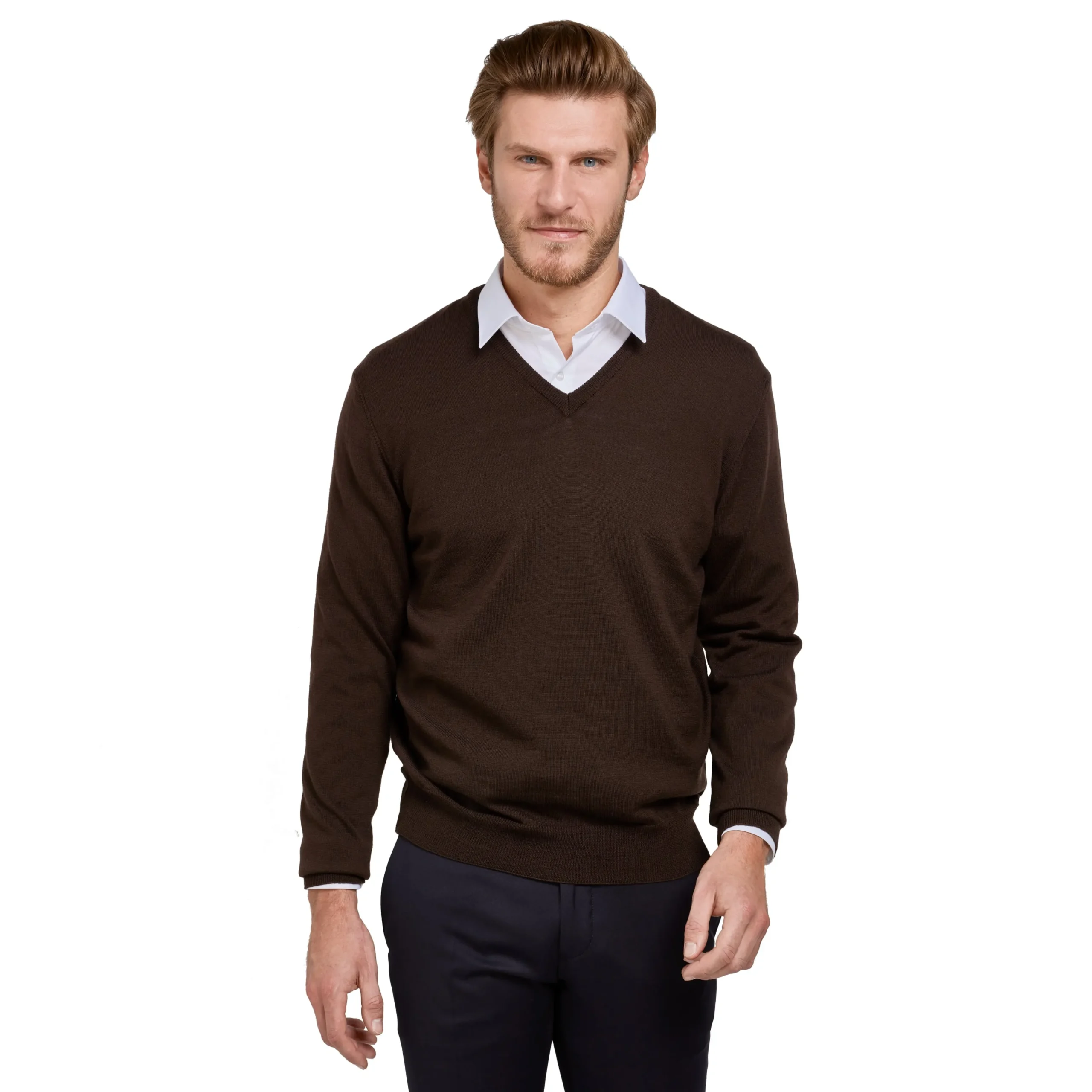Online LodinG Pull col v 100% pure laine Mérinos Marron