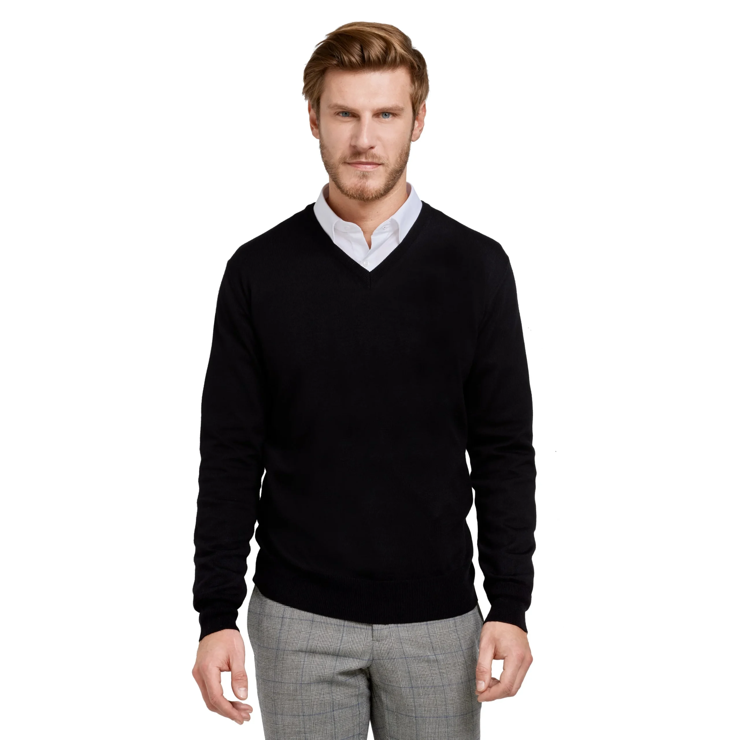 New LodinG Pull col v 100% pure laine Mérinos Noir