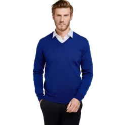 Store LodinG Pull col v 100% pure laine Mérinos Bleu roi
