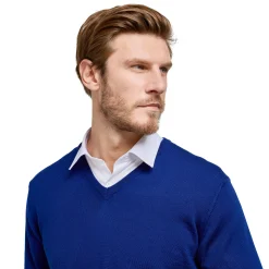 Store LodinG Pull col v 100% pure laine Mérinos Bleu roi