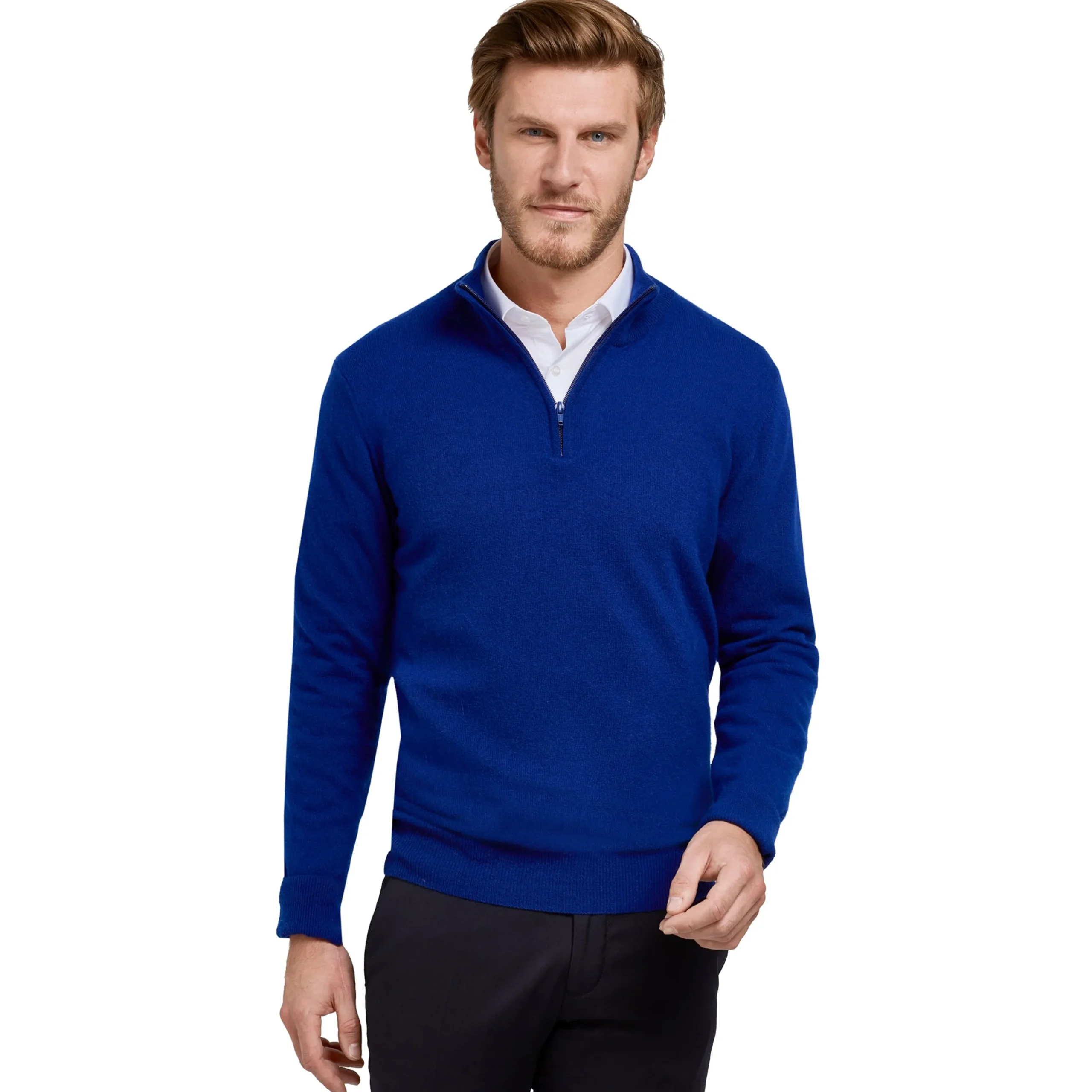 Clearance LodinG Pull col zip laine Mérinos et cachemire Bleu roi
