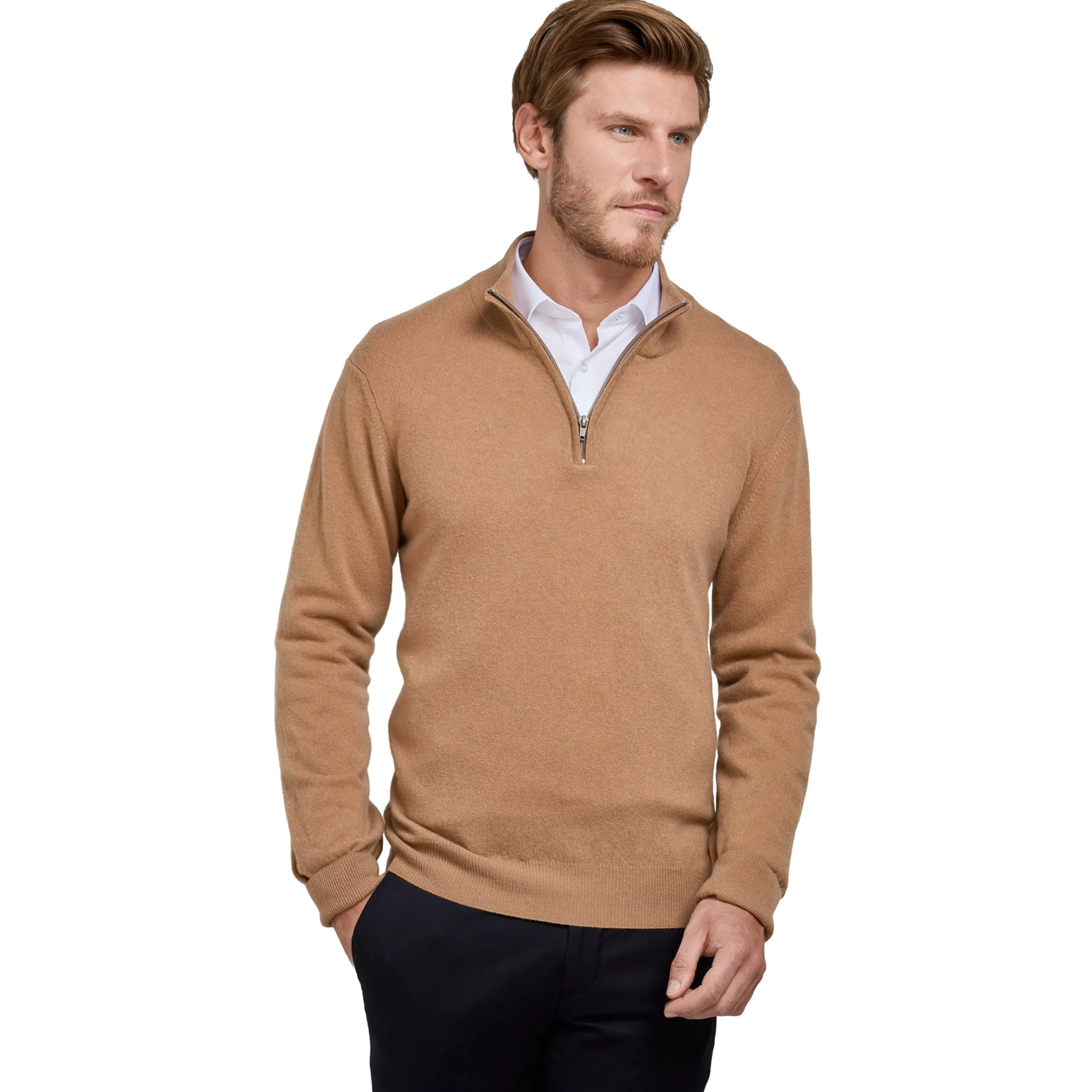 Best Sale LodinG Pull col zip laine Mérinos et cachemire Camel