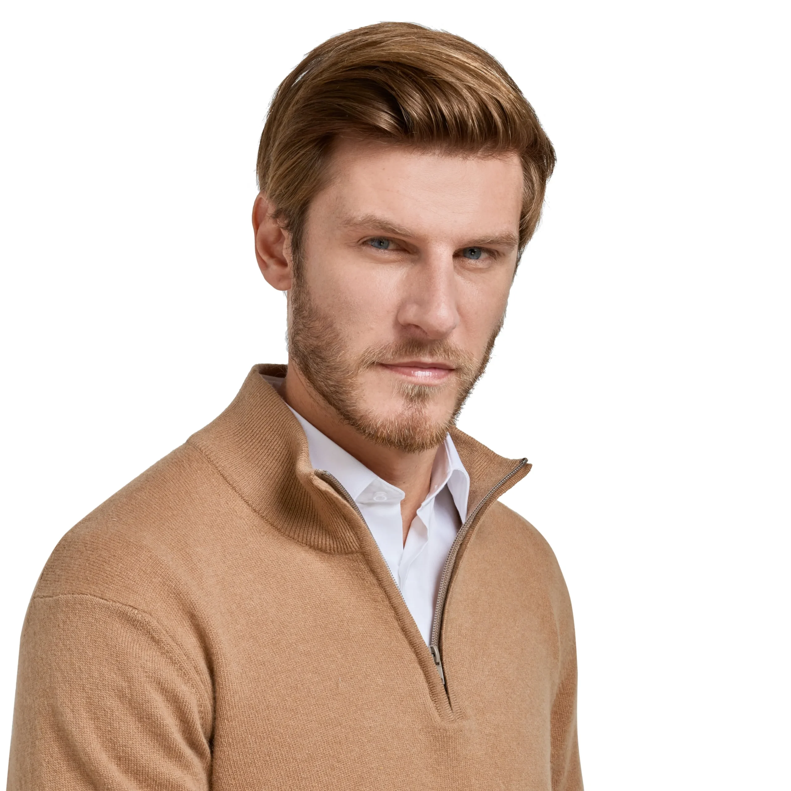 Best Sale LodinG Pull col zip laine Mérinos et cachemire Camel