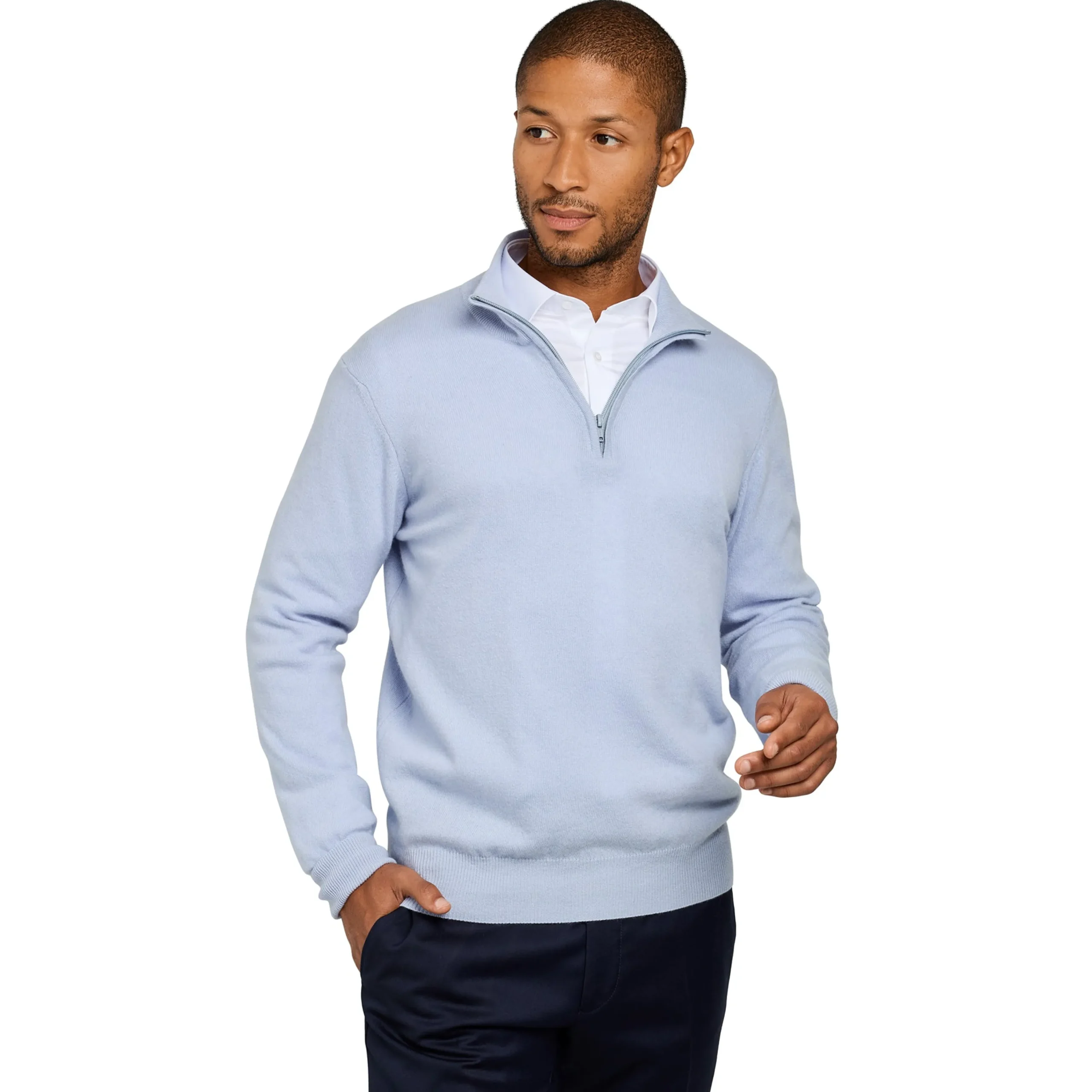 Discount LodinG Pull col zip laine Mérinos et cachemire Bleu ciel